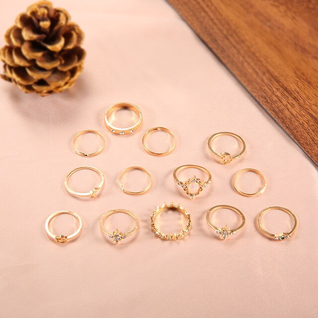 Pierścionek Retro Opal z koroną diamentową i wzorem gwiazdy księżyca - zestaw 13 sztuk biżuterii dla par - Wianko - 4