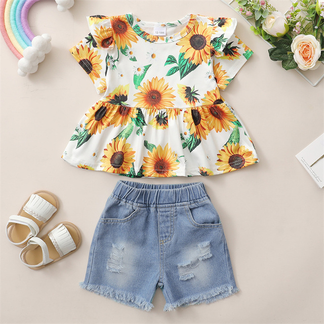 Letnia dziewczynka - Letnia dziewczynka koszula z kwiatowym nadrukiem i spodenki z porwaniami, komplet ubranek Casual dla malucha - Wianko - 10