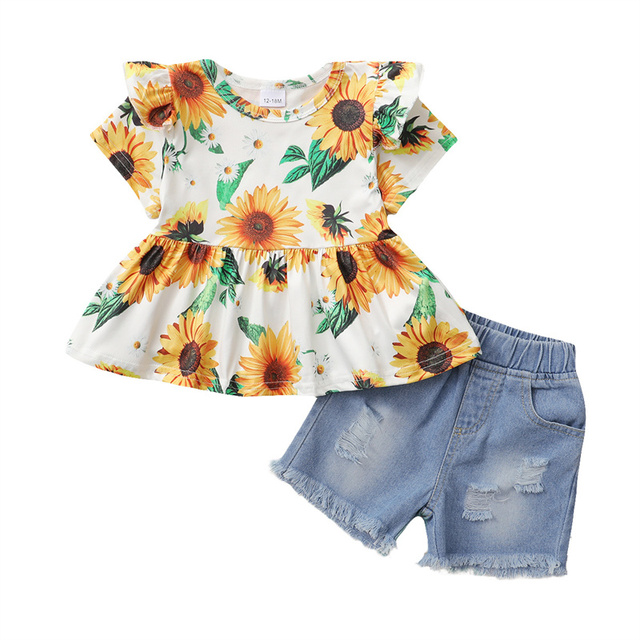 Letnia dziewczynka - Letnia dziewczynka koszula z kwiatowym nadrukiem i spodenki z porwaniami, komplet ubranek Casual dla malucha - Wianko - 11