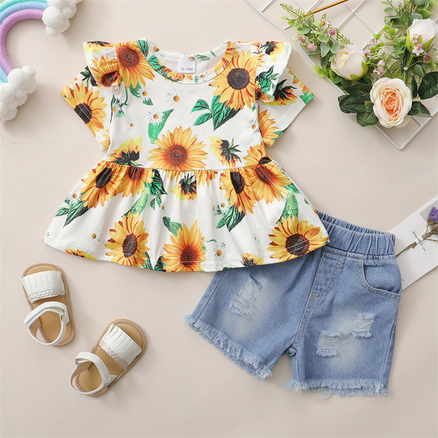 Letnia dziewczynka - Letnia dziewczynka koszula z kwiatowym nadrukiem i spodenki z porwaniami, komplet ubranek Casual dla malucha - Wianko - 4