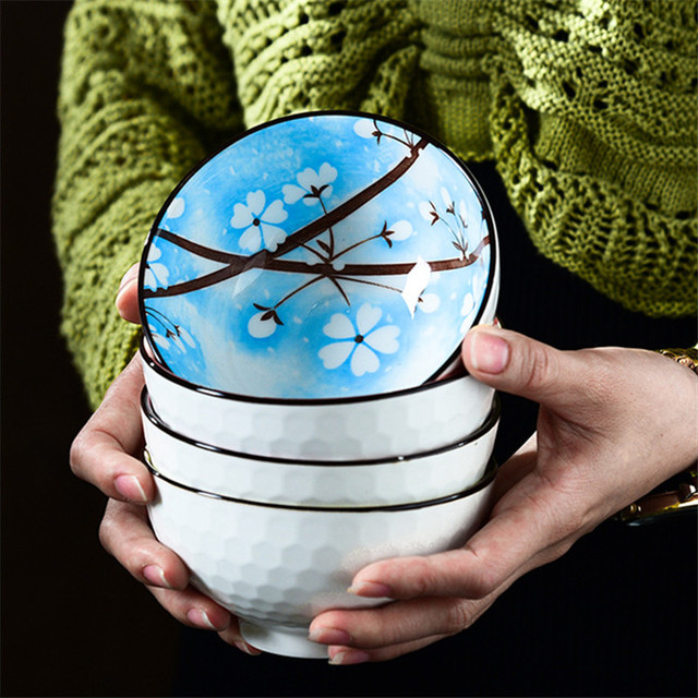 Japońska ceramiczna miseczka na ryż i makaron z niebieskim i białym wzorem kwiatów wiśni - Wianko - 8