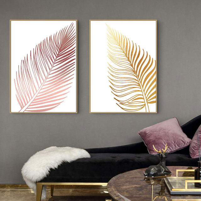 Obraz na płótnie - plakat z różowym i złotym liściem - dekoracja WallArt do salonu i wnętrz domowych - Wianko - 3