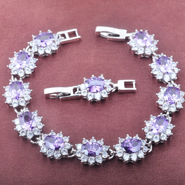 Flawless fioletowa biżuteria ślubna ze srebrnym pozłacaniem - zestaw kryształowych cyrkonii: bransoletka, naszyjnik, wisiorek, kolczyki, pierścień YYZ088 - Wianko - 6