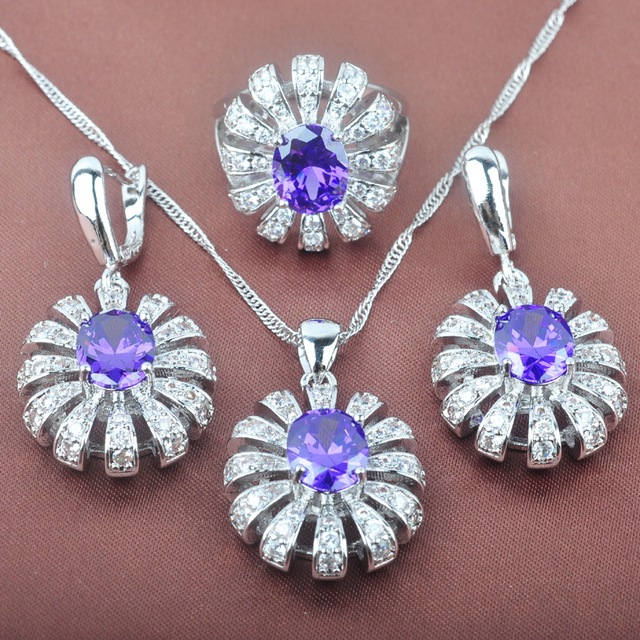 Flawless fioletowa biżuteria ślubna ze srebrnym pozłacaniem - zestaw kryształowych cyrkonii: bransoletka, naszyjnik, wisiorek, kolczyki, pierścień YYZ088 - Wianko - 2