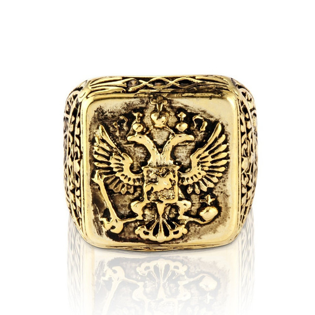 Sygnet męski z podwójnym pierścieniem, w stylu rosyjskim z orłem i dużym kamieniem, kolor złoty - Wianko - 5