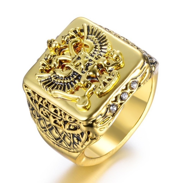 Sygnet męski z podwójnym pierścieniem, w stylu rosyjskim z orłem i dużym kamieniem, kolor złoty - Wianko - 2