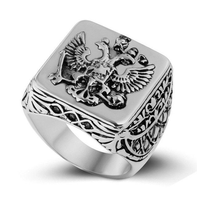 Sygnet męski z podwójnym pierścieniem, w stylu rosyjskim z orłem i dużym kamieniem, kolor złoty - Wianko - 3