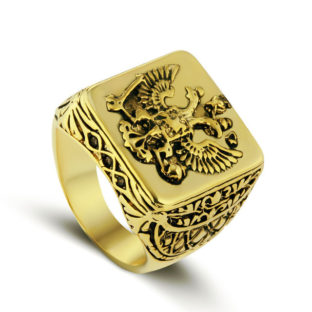 Sygnet męski z podwójnym pierścieniem, w stylu rosyjskim z orłem i dużym kamieniem, kolor złoty - Wianko - 4