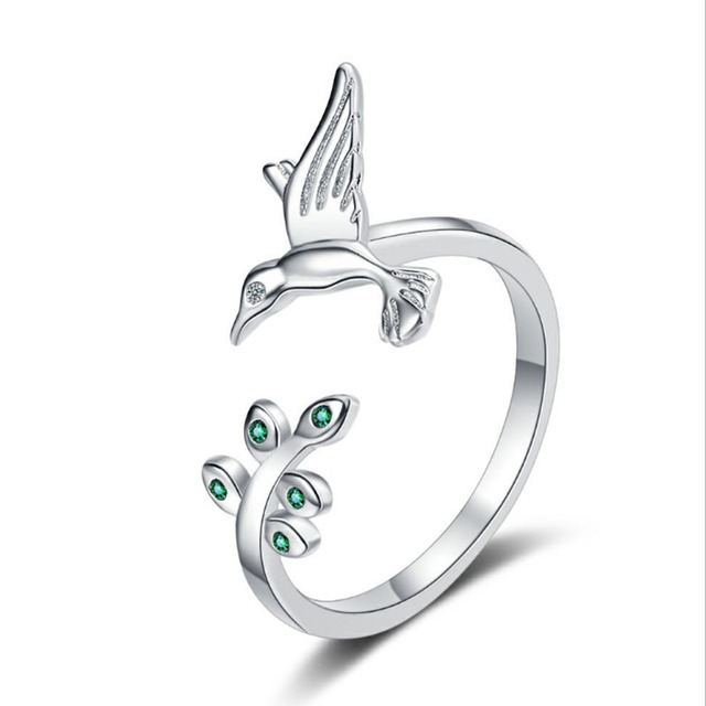 Pierścionek otwarty rozmiar z latającym ptakiem i wiosennymi liśćmi drzewa wykonany ze srebra 925 - biżuteria zaręczynowa dla kobiet - Wianko - 5