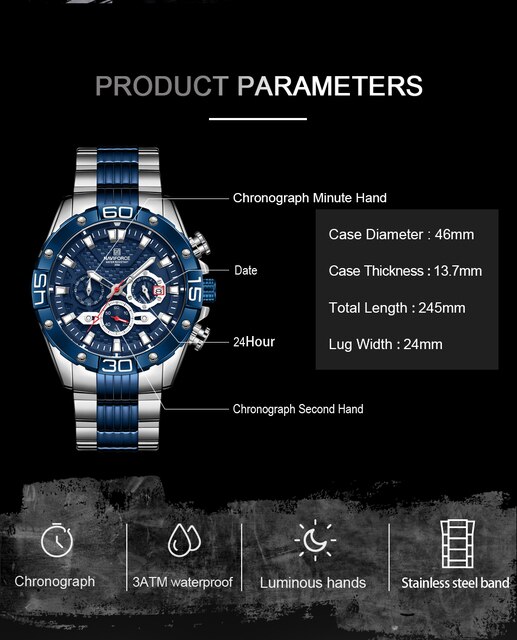 Męski zegarek NAVIFORCE 2021 z paskiem ze stali nierdzewnej, wodoszczelny, świetliste wskazówki, kwarcowy z datownikiem - Wianko - 9