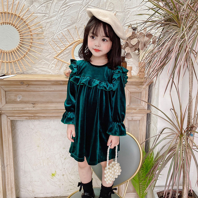 Jesienno-zimowa sukienka dla dziewczynki 2020 z długim rękawem - welurowa, jednokolorowa, słodka księżniczka z lamówką - Wianko - 7