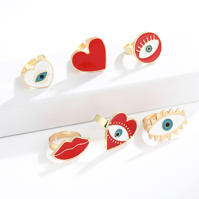 Pierścionek złote serce z czerwonym kamieniem, regulowany, wzór złe oko, vintage, moda 2019 - Wianko - 1