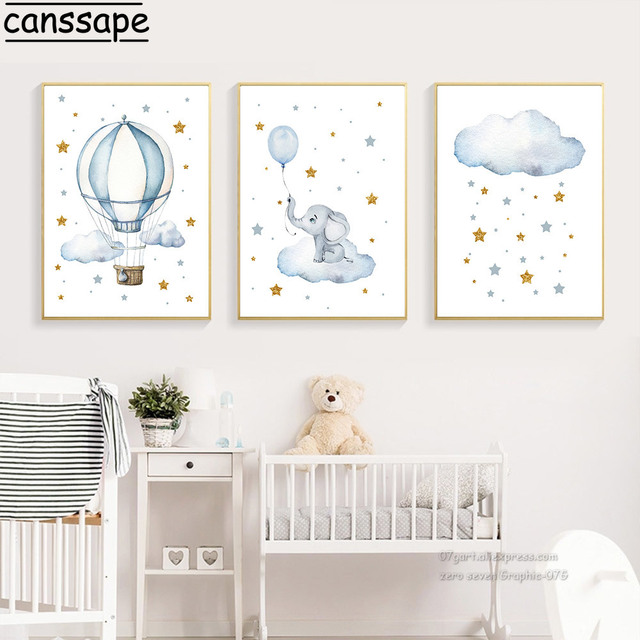 Obraz ze słoniem na płótnie do pokoju dziecięcego - drukowany, z gorącym balonem, gwiazdami i chmurami - Wianko - 9