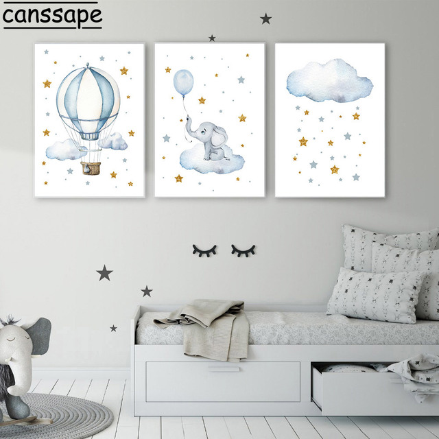 Obraz ze słoniem na płótnie do pokoju dziecięcego - drukowany, z gorącym balonem, gwiazdami i chmurami - Wianko - 7