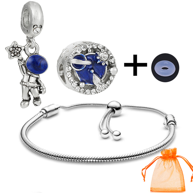 Wisiorek regulowany bransoletka z kryształowymi koralikami w motywie astronauty oraz globu - modna biżuteria dla kobiet, koloru niebieskiego - Wianko - 4