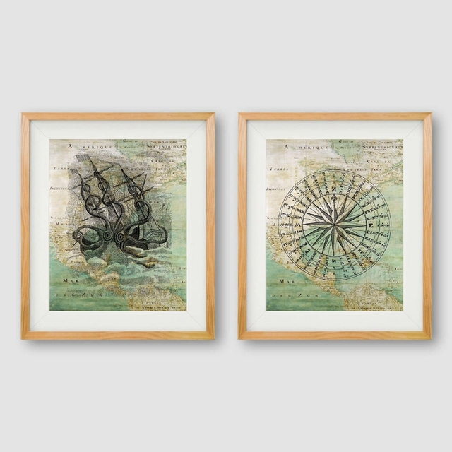 Plakat na płótnie - Vintage mapa Ameryki Północnej: jacht, żeglarstwo, kompas, ośmiornica Kraken, morze ocean, nadmorski nautical - Wianko - 3