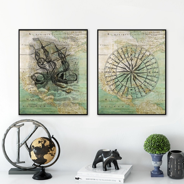 Plakat na płótnie - Vintage mapa Ameryki Północnej: jacht, żeglarstwo, kompas, ośmiornica Kraken, morze ocean, nadmorski nautical - Wianko - 2