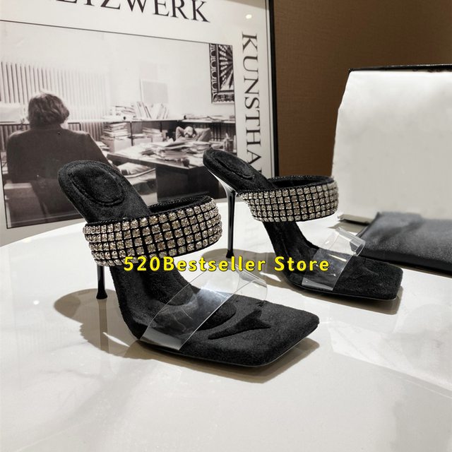 Sandały damskie czarne SLIDE HEEL z wysokim obcasem Lady Peep Toe - Wianko - 6