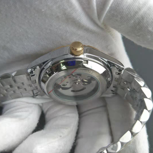 Męski zegarek mechaniczny, wodoszczelny, stalowa koperta 316L, automatyczny ruch, kryształowa tarcza, indeksy z luminoforem - Wianko - 10