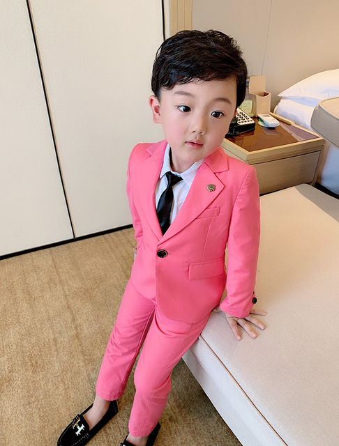 Chłopięce garnitury weselne w kolorze różowym/morelowym - 2 szt. dziecięcy formalny garnitur blazerowy - Wianko - 8