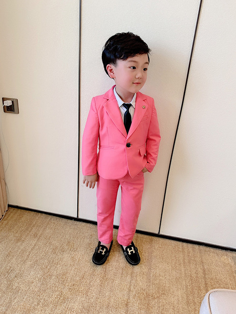 Chłopięce garnitury weselne w kolorze różowym/morelowym - 2 szt. dziecięcy formalny garnitur blazerowy - Wianko - 7