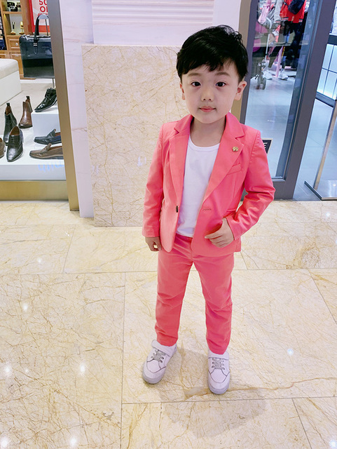 Chłopięce garnitury weselne w kolorze różowym/morelowym - 2 szt. dziecięcy formalny garnitur blazerowy - Wianko - 11