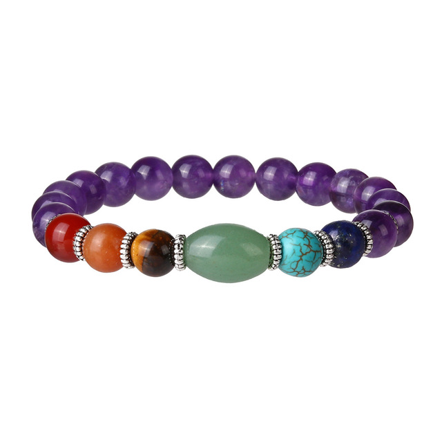Kamienne bransoletki Rainbow 7 Chakra dla kobiet - zestaw z naturalnymi ametystami, kwarcem, turkusami, lawą Reiki i kamieniem do jogi - Wianko - 1