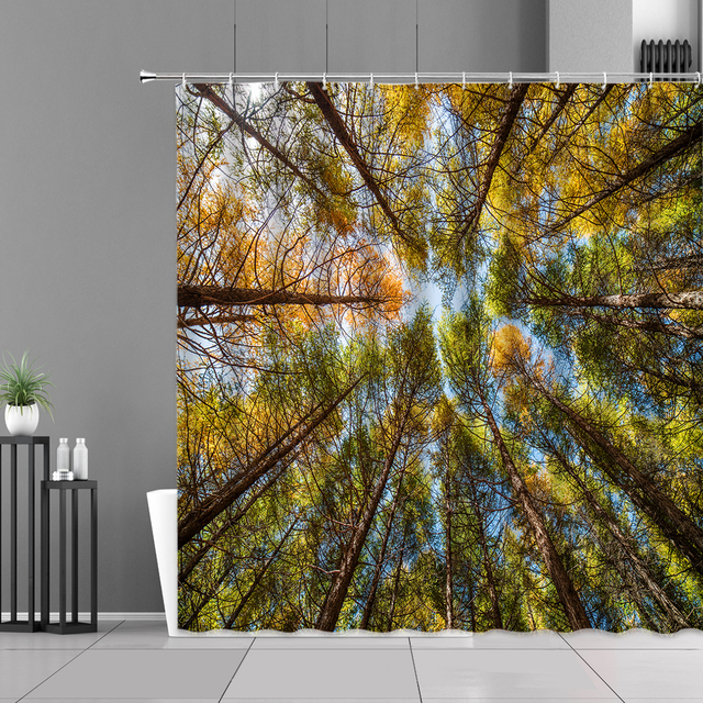 Zasłona prysznicowa Letnie drzewa leśne dekoracje - zielone liście, dżungla krajobraz - wodoodporna, zestaw haków - Wianko - 5