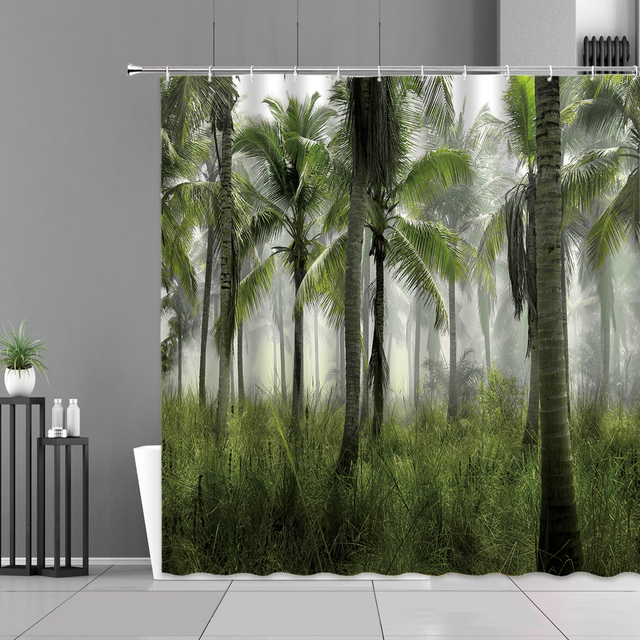 Zasłona prysznicowa Letnie drzewa leśne dekoracje - zielone liście, dżungla krajobraz - wodoodporna, zestaw haków - Wianko - 10