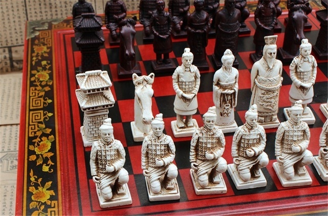 Zestaw szachowy Drewno Szachy Chińskie Retro Terakotowe Wojownicy żywica rzeźba szachownica - Wianko - 18