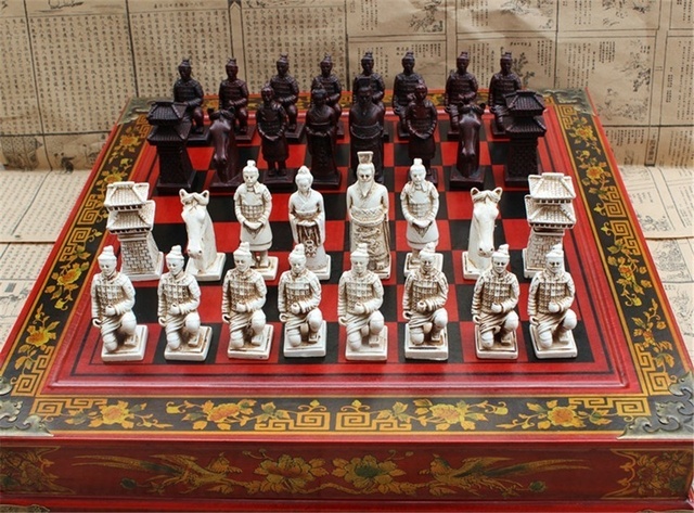 Zestaw szachowy Drewno Szachy Chińskie Retro Terakotowe Wojownicy żywica rzeźba szachownica - Wianko - 10