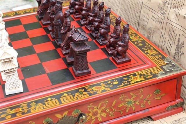 Zestaw szachowy Drewno Szachy Chińskie Retro Terakotowe Wojownicy żywica rzeźba szachownica - Wianko - 12