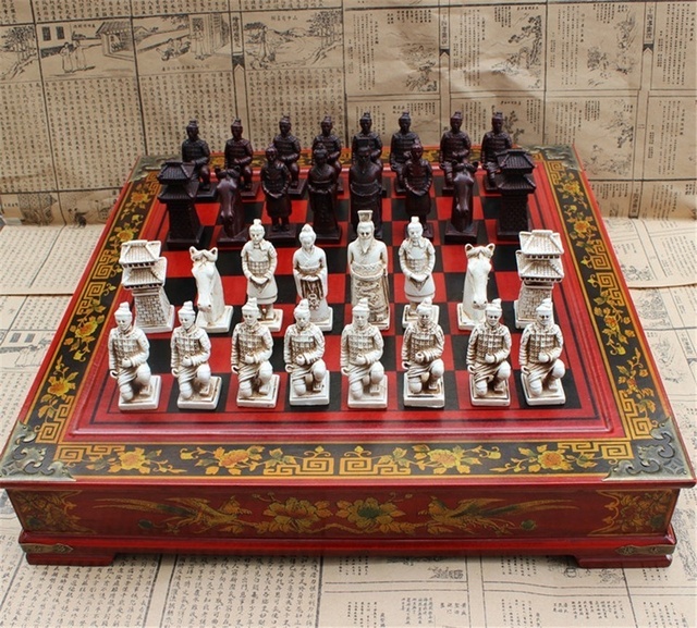 Zestaw szachowy Drewno Szachy Chińskie Retro Terakotowe Wojownicy żywica rzeźba szachownica - Wianko - 17