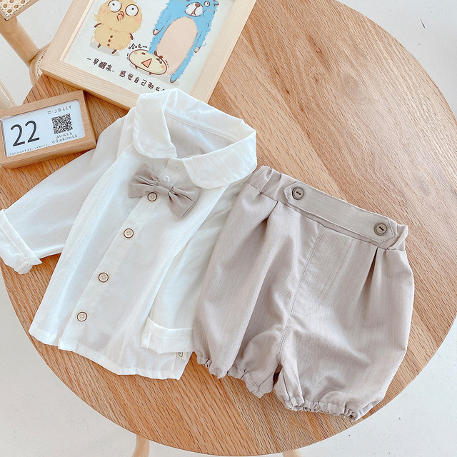 Zestaw ubrań dla dzieci 0-3 lata: koszula z długim rękawem i spodenki w jednolitym kolorze, dżentelmeński garnitur dla malucha dziewczyny i chłopca - Wianko - 7