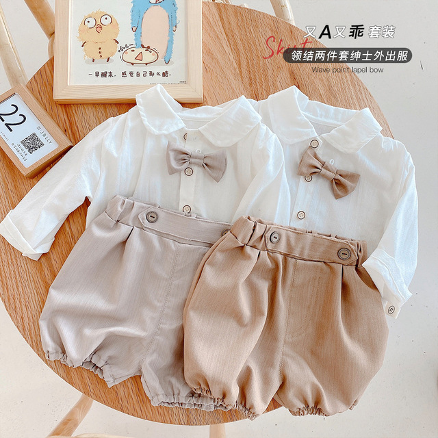 Zestaw ubrań dla dzieci 0-3 lata: koszula z długim rękawem i spodenki w jednolitym kolorze, dżentelmeński garnitur dla malucha dziewczyny i chłopca - Wianko - 2
