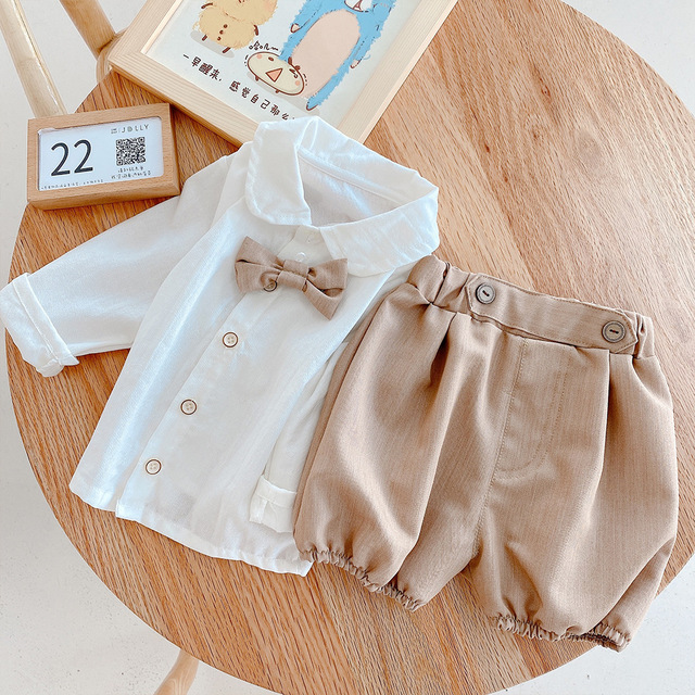 Zestaw ubrań dla dzieci 0-3 lata: koszula z długim rękawem i spodenki w jednolitym kolorze, dżentelmeński garnitur dla malucha dziewczyny i chłopca - Wianko - 6