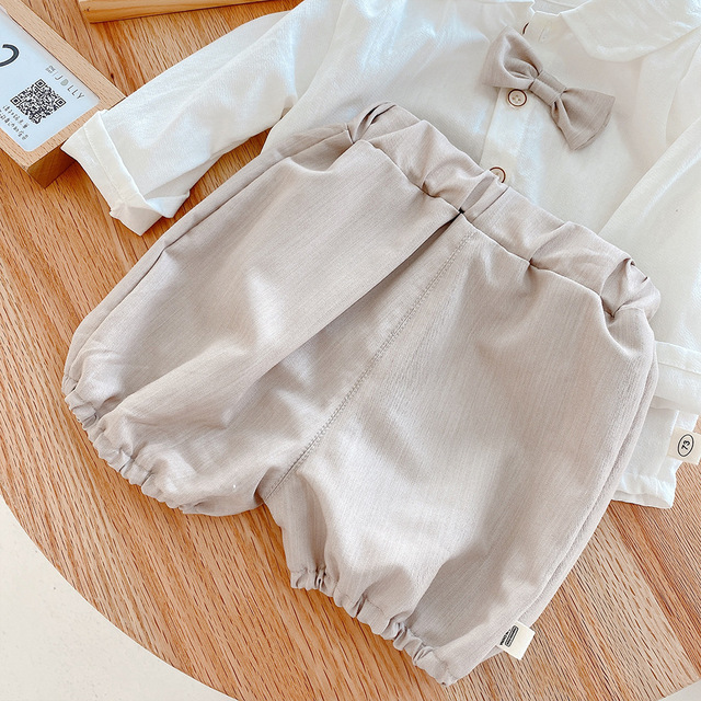Zestaw ubrań dla dzieci 0-3 lata: koszula z długim rękawem i spodenki w jednolitym kolorze, dżentelmeński garnitur dla malucha dziewczyny i chłopca - Wianko - 14