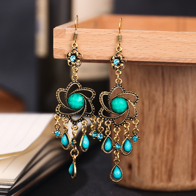 Kolczyki wiszące Vintage etniczne niebieskie akrylowe Rhinestone dla kobiet Boho Antique złoty kolor geometryczny biżuteria prezent - Wianko - 8