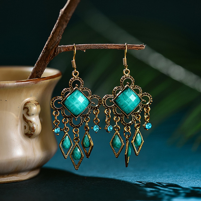 Kolczyki wiszące Vintage etniczne niebieskie akrylowe Rhinestone dla kobiet Boho Antique złoty kolor geometryczny biżuteria prezent - Wianko - 7