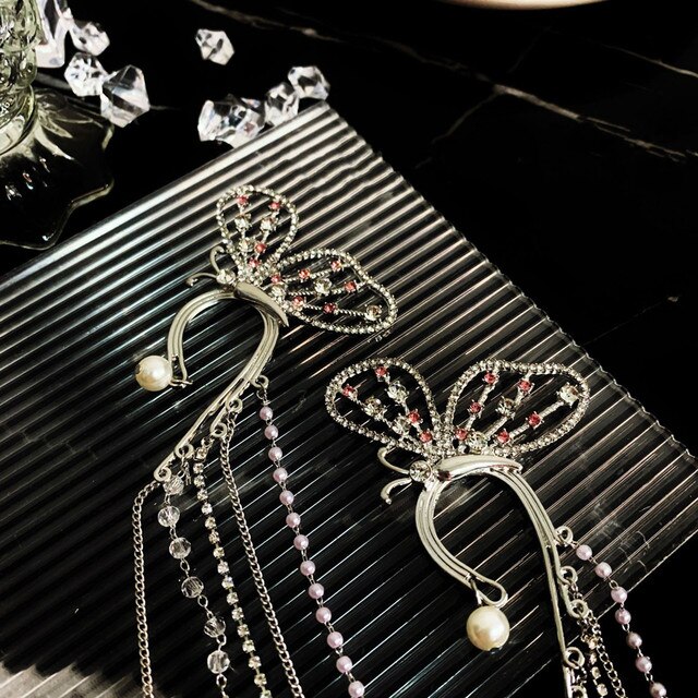 Długie kutas motyl kolczyk klips do ucha z kryształowymi, błyszczącymi rondelkami - biżuteria damska z perłami i cyrkonią - Wianko - 4