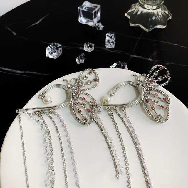 Długie kutas motyl kolczyk klips do ucha z kryształowymi, błyszczącymi rondelkami - biżuteria damska z perłami i cyrkonią - Wianko - 2