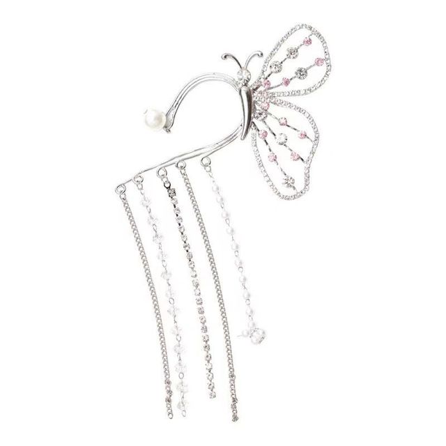 Długie kutas motyl kolczyk klips do ucha z kryształowymi, błyszczącymi rondelkami - biżuteria damska z perłami i cyrkonią - Wianko - 6