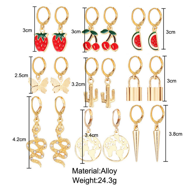 Kolczyki wiszące z biżuterią prezentową dla kobiet - 9 sztuk zestaw Fruit Multi-element węża - Wianko - 1