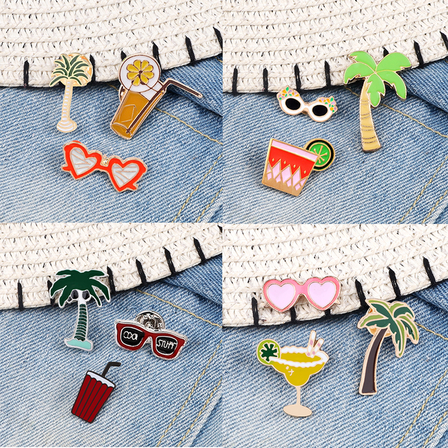 Zestaw 3 broszek z motywem Cartoon Summer Beach - okulary, sok drzewa kokosowego, emaliowany szpilkami, modna biżuteria w stylu dla kobiet i mężczyzn - Wianko - 29