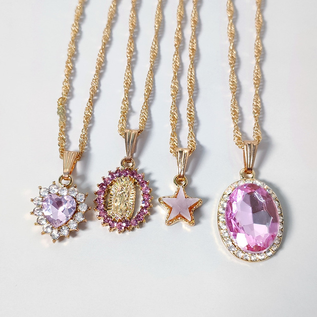 Wisiorek serce Flatfoosie wielowarstwowy, różowy, z kryształami - modna biżuteria dla kobiet - Wianko - 8