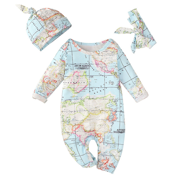 Zestaw ubrań dla niemowląt (3-18 miesięcy) - kombinezon z nadrukiem, pałąk i kapelusz z motywem mapy świata - Wianko - 2