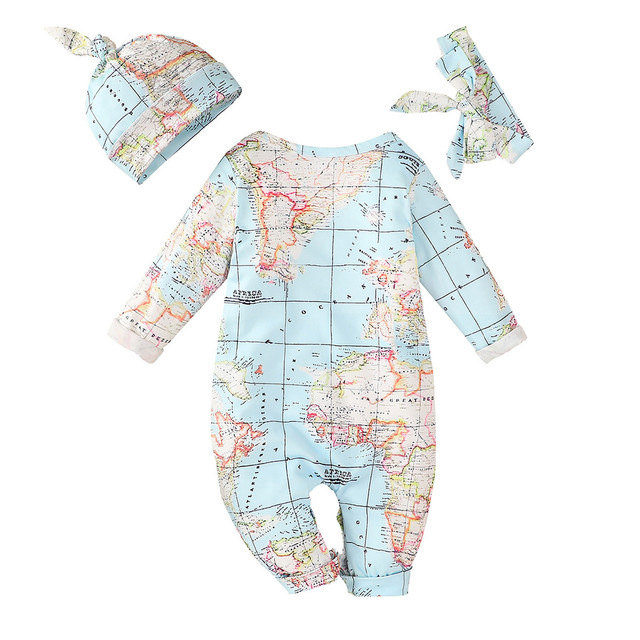 Zestaw ubrań dla niemowląt (3-18 miesięcy) - kombinezon z nadrukiem, pałąk i kapelusz z motywem mapy świata - Wianko - 3