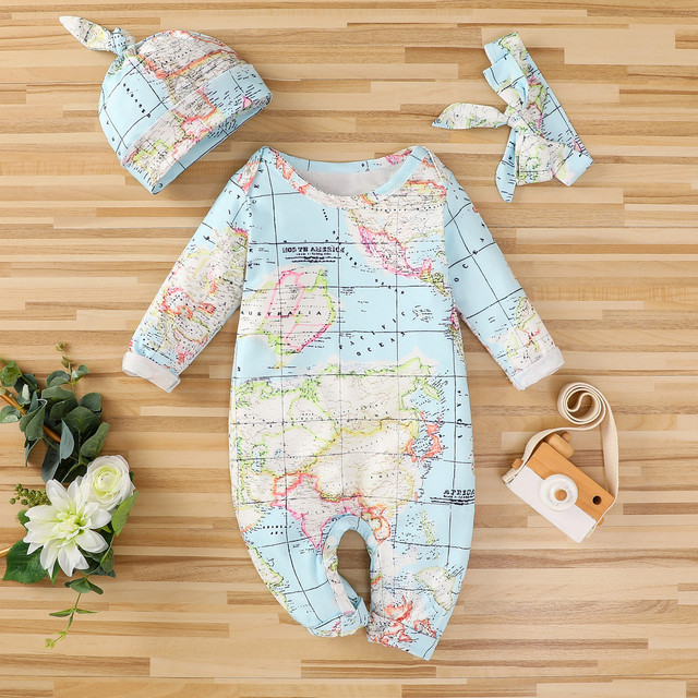 Zestaw ubrań dla niemowląt (3-18 miesięcy) - kombinezon z nadrukiem, pałąk i kapelusz z motywem mapy świata - Wianko - 1