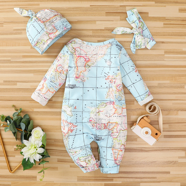 Zestaw ubrań dla niemowląt (3-18 miesięcy) - kombinezon z nadrukiem, pałąk i kapelusz z motywem mapy świata - Wianko - 9