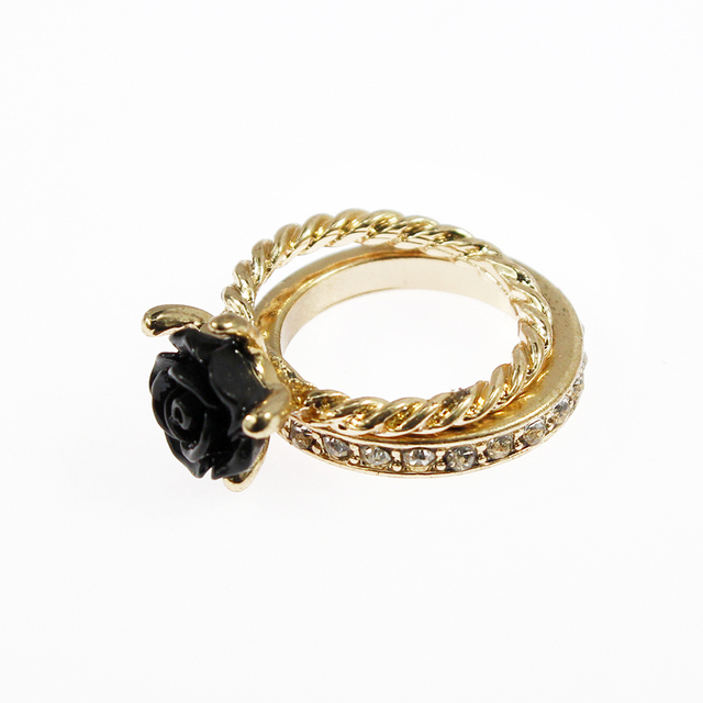 Zestaw 2 pierścieni ślubnych dla kobiet, modny w kolorze złotym i czarnym z białym kwiatem, styl Boho, ozdobione Rhinestonem - Wianko - 4
